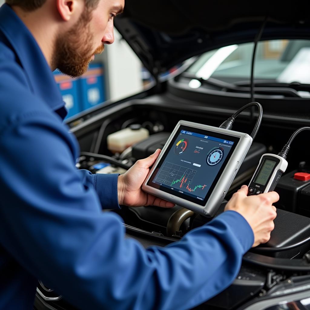 Mechanic Using Diagnostic Tool on Car