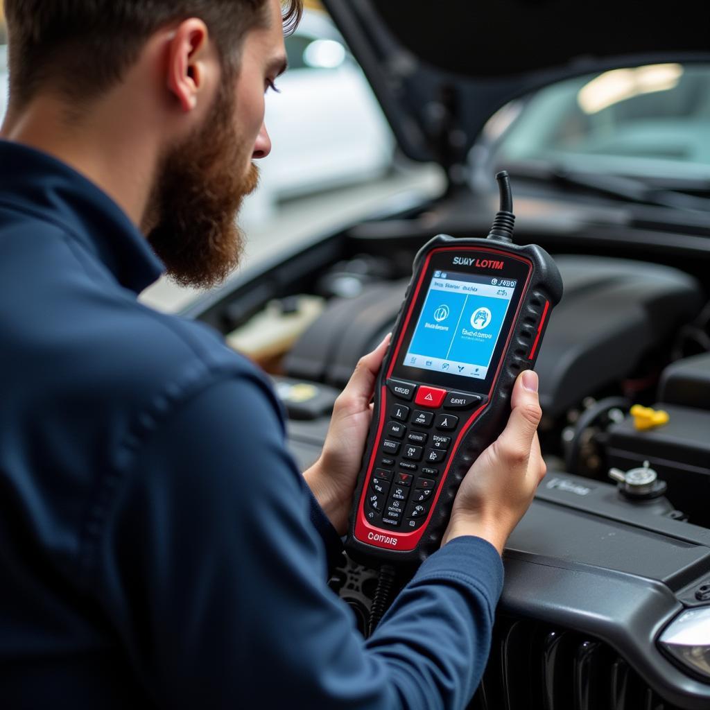 Mechanic Using Diagnostic Tool on Car