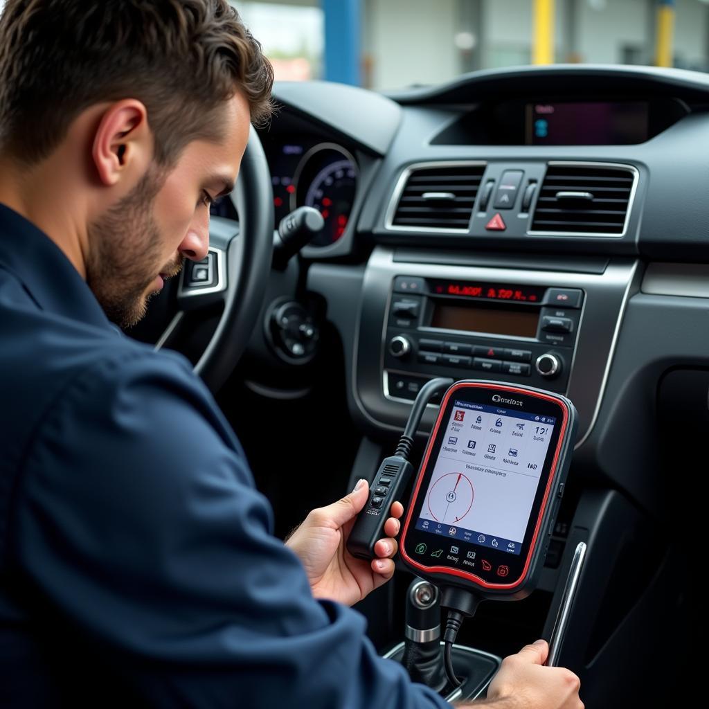 Mechanic Using Diagnostic Tool on Car