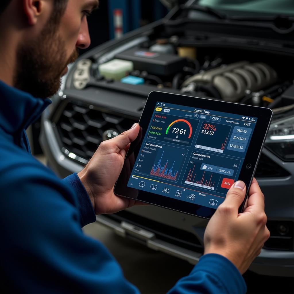 Mechanic Diagnosing a Car Using a Tablet-Based Diagnostic Tool