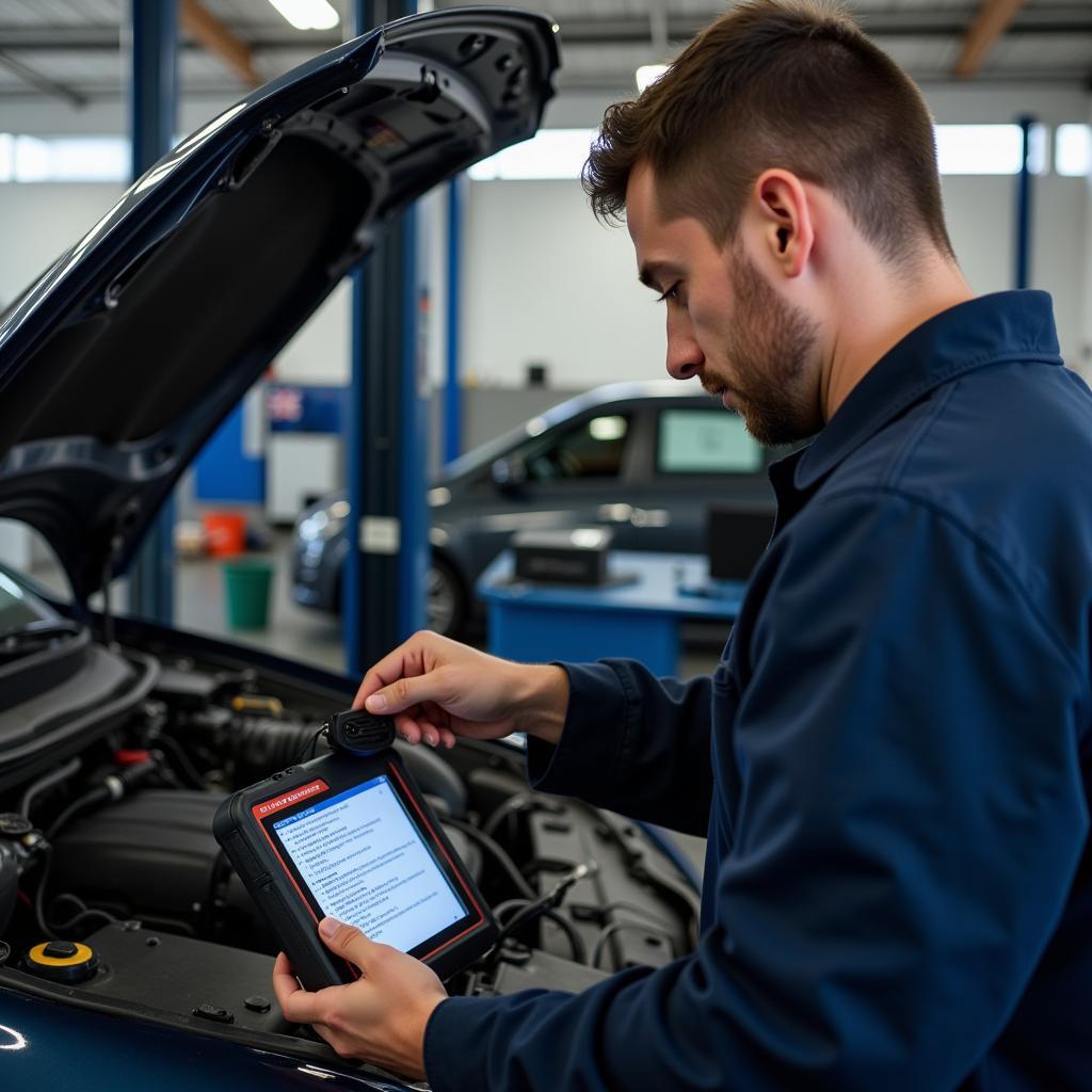 Mechanic Using Diagnostic Tool in Roma Garage