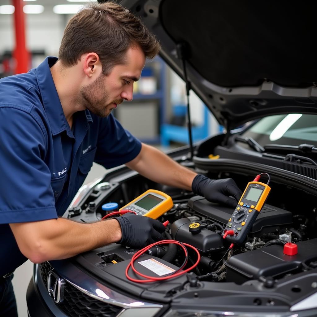 A mechanic using diagnostic tools to troubleshoot a car.