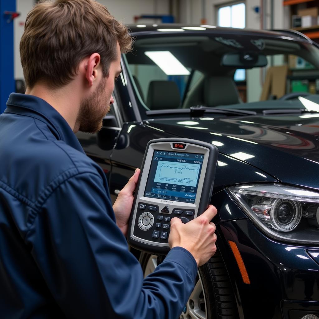 Mechanic Using Diagnostic Tools on 335is: A mechanic using a professional diagnostic tool on a BMW 335is in a repair shop.