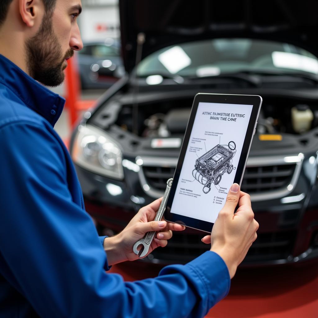 Mechanic Using Digital Manual on Tablet in Workshop