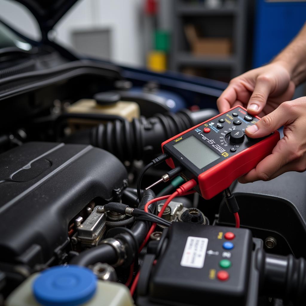 Mechanic Using Digital Multimeter on Car Engine