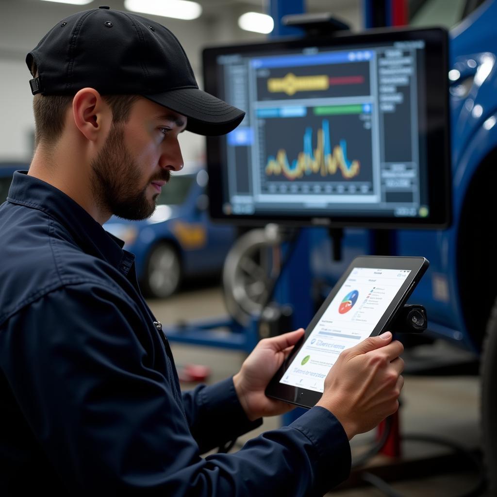 Mechanic using a digital tablet in the workshop