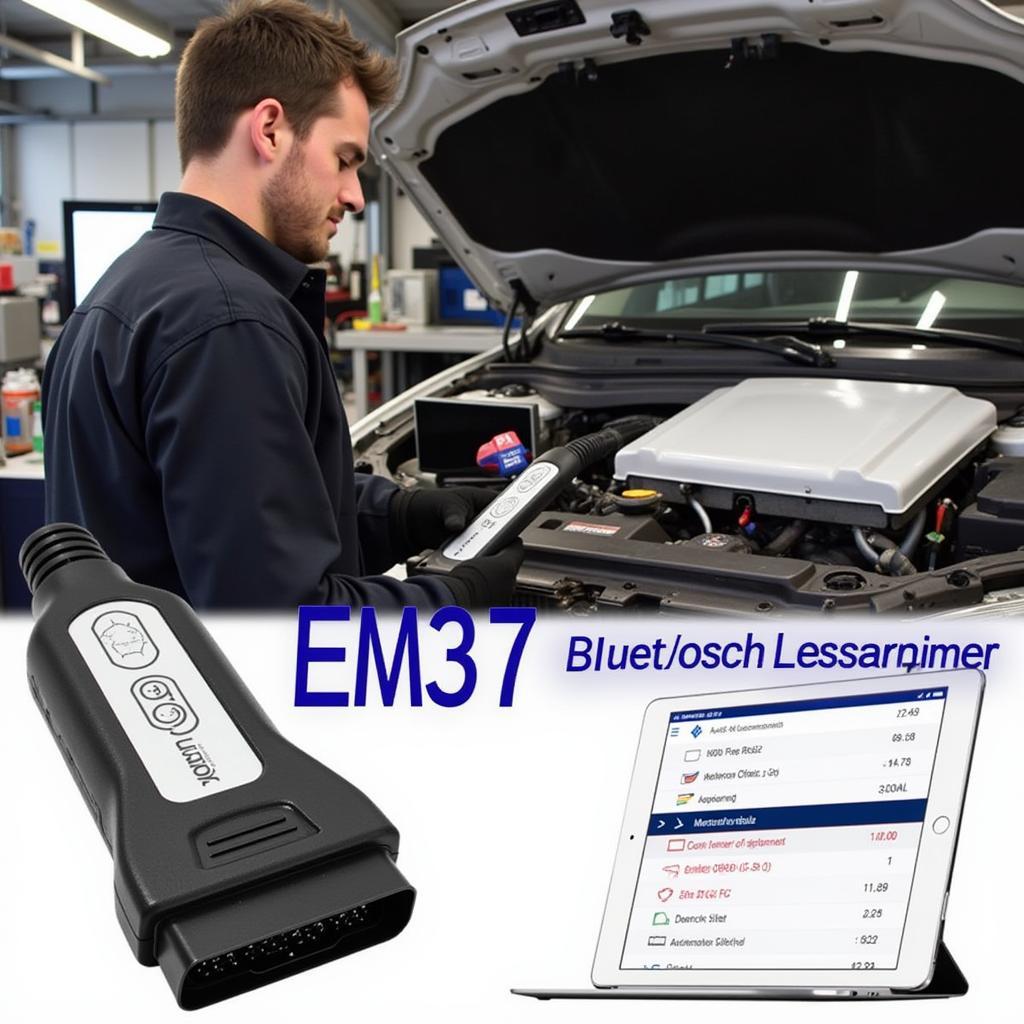 A mechanic using an ELM327 Bluetooth scanner to diagnose a car problem