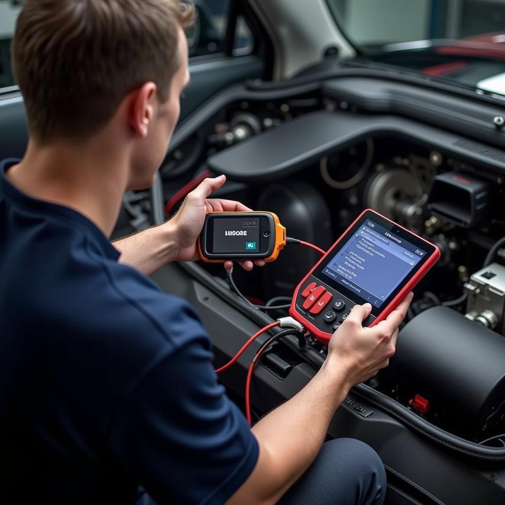 Mechanic using an ELM327 scanner to diagnose an airbag problem