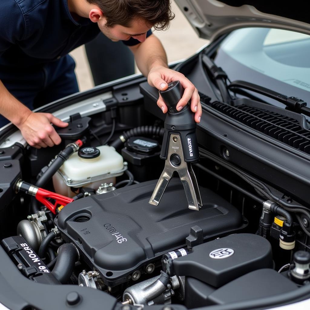 Mechanic using European car tools on an engine