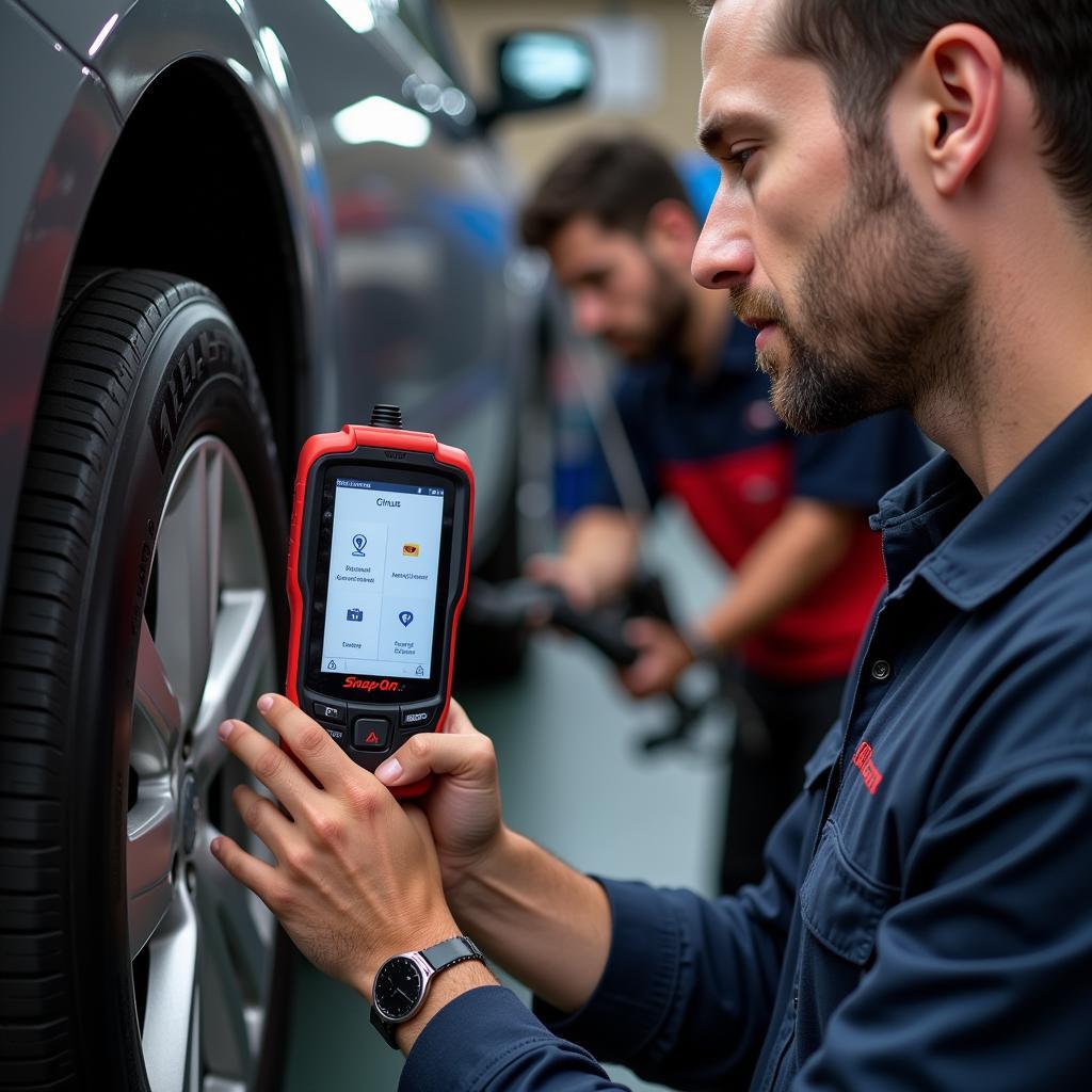 Mechanic Using Heavy Duty Scan Tool for Car Diagnostic