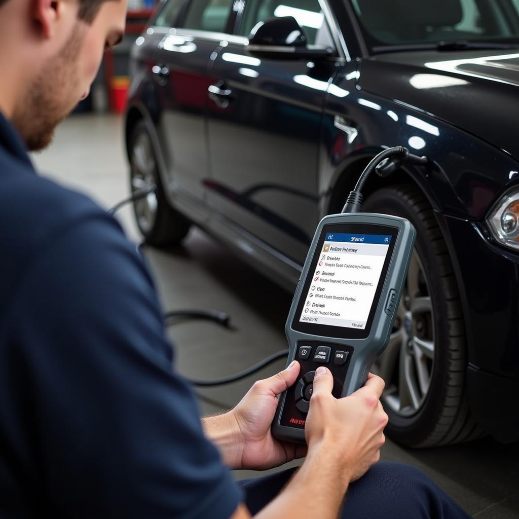 Mechanic using hired diagnostic tool on a car engine