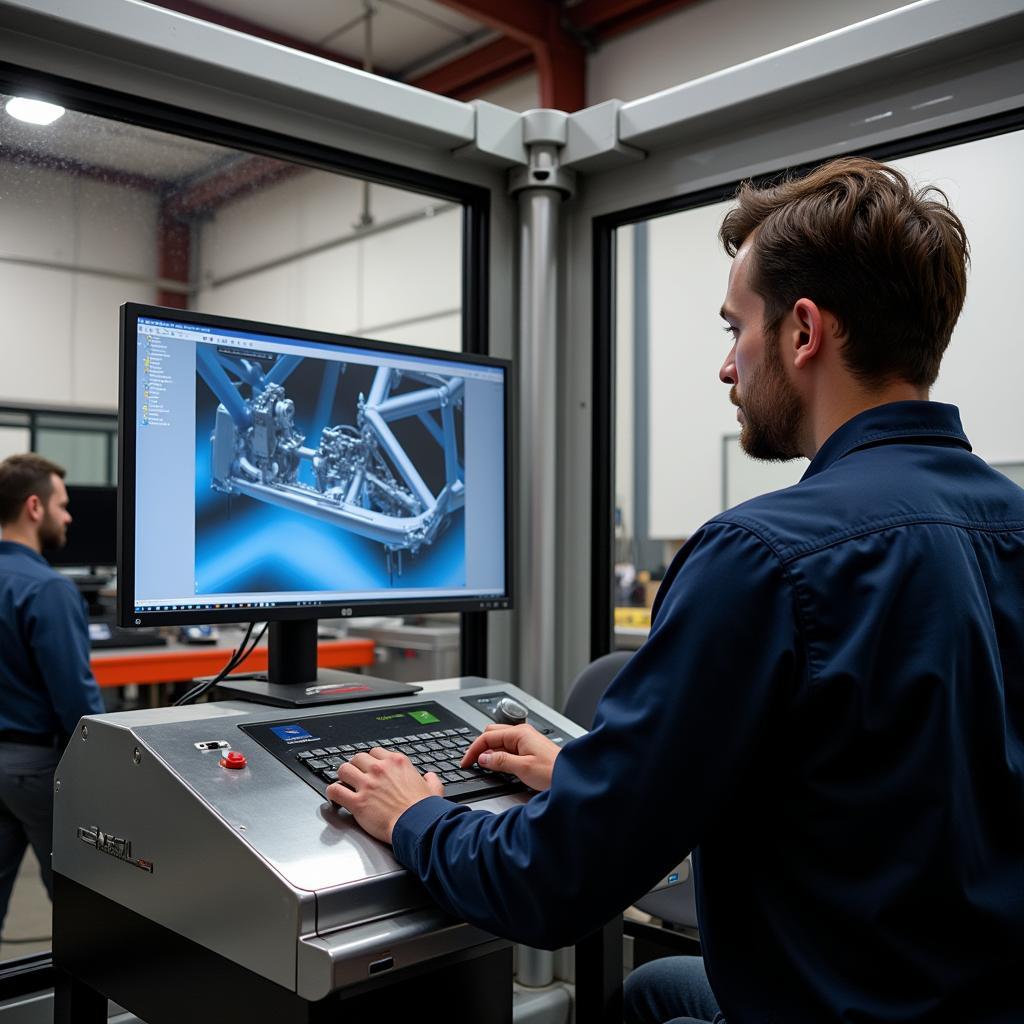 Mechanic Using Hydraulic Frame Machine