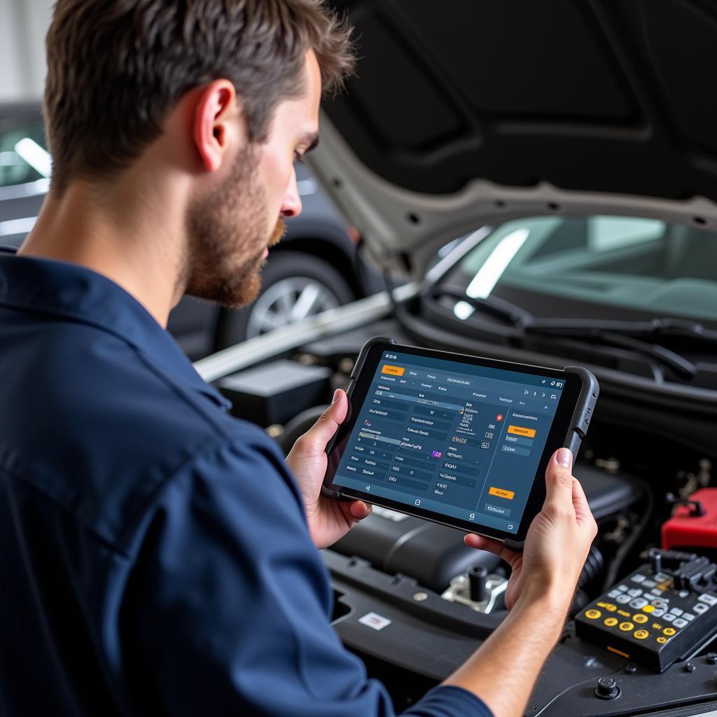 Mechanic Using a Kobra OBD2 Scanner in a Workshop