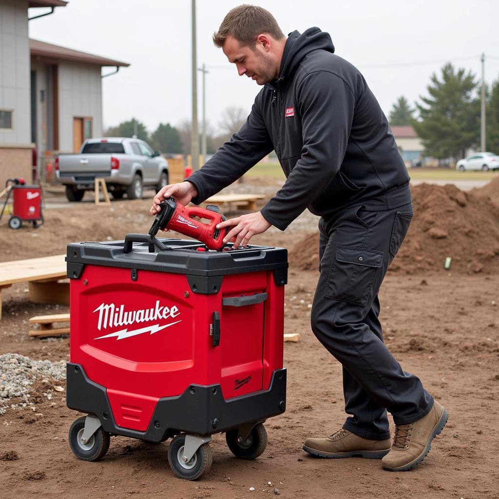 Mechanic Utilizing a Milwaukee Wheeled Tool Car Onsite