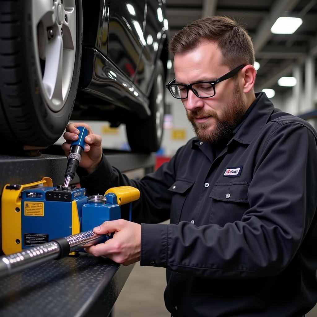 A mechanic using the MS309 OBD2 tool to diagnose a car problem in a workshop setting.