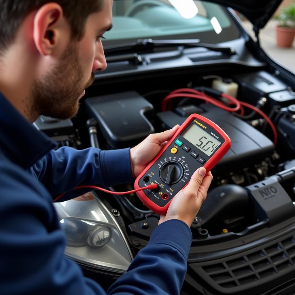 Mechanic Using Multimeter for Electrical Troubleshooting