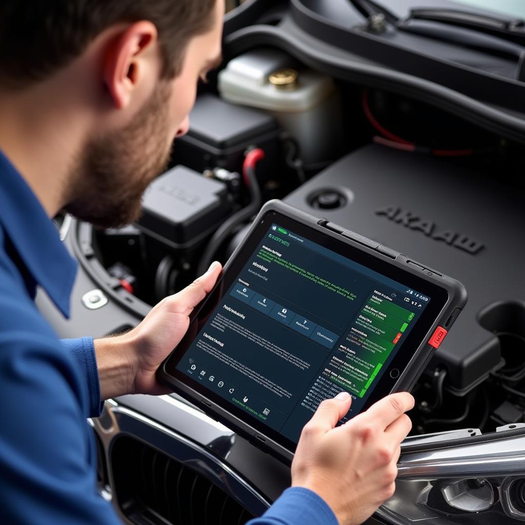 A mechanic uses an OBD-11 scanner to diagnose a car problem, checking live data streams on a tablet.