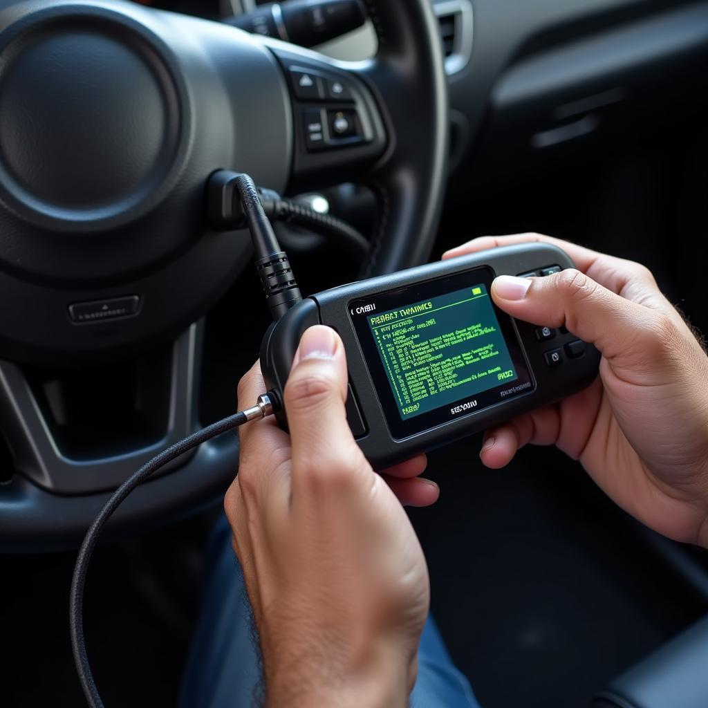 Mechanic Using OBD-II Scanner on a Car's Diagnostic Port