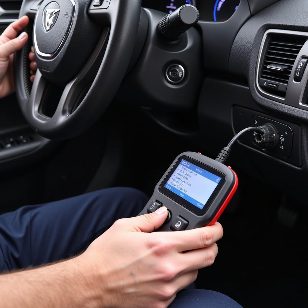 Mechanic Using OBD2 Scanner on Car