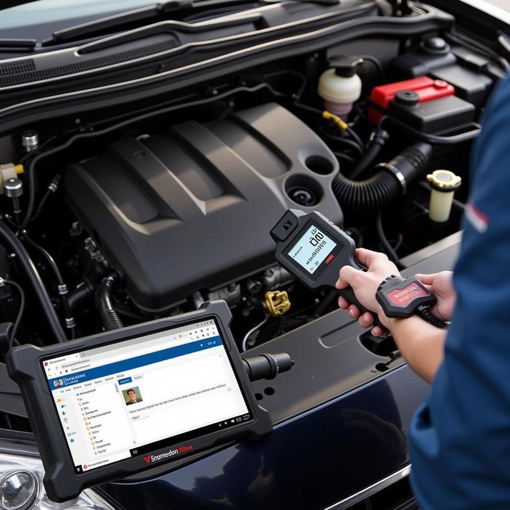 Mechanic Using OBD2 Scanner and Jimmy Tool