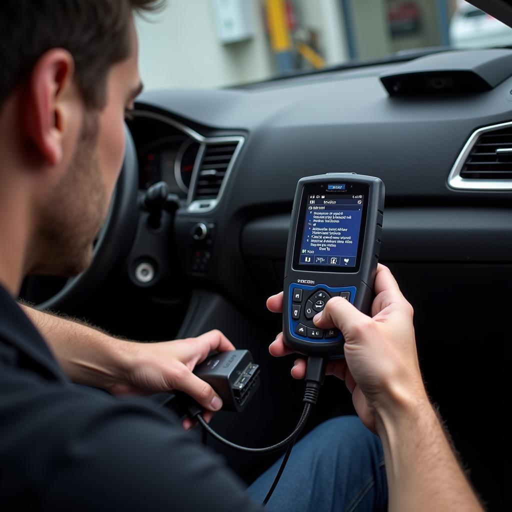 Mechanic Using OBD2 Scanner for Car Diagnostics