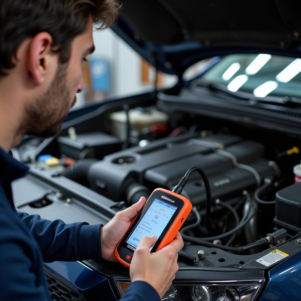 Mechanic Using OBD2 Scanner in Dubai