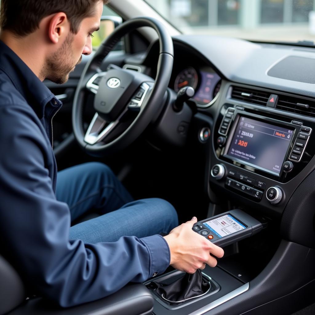 Mechanic using OBD2 scanner during real estate car inspection