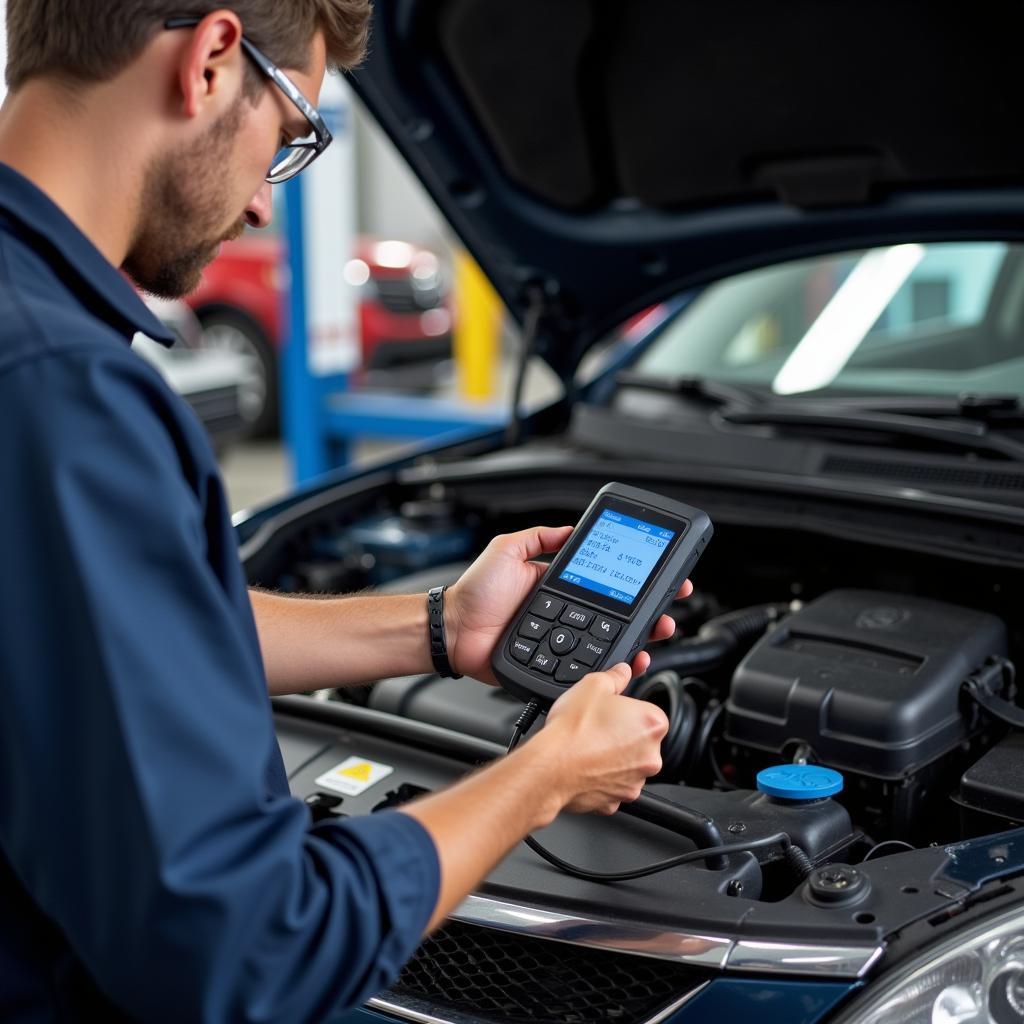 Mechanic Using OBD2 Scanner on Car