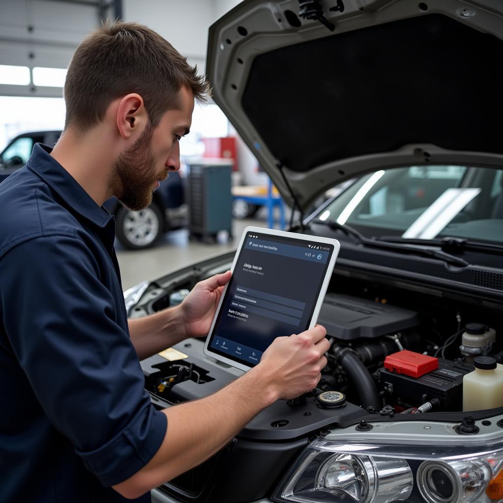 Mechanic Using OBD2 Scanner on Car