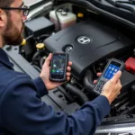 Mechanic Using OBD2 Scanner on Hybrid Engine