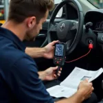 Mechanic Using Open Car Tool to Diagnose Car