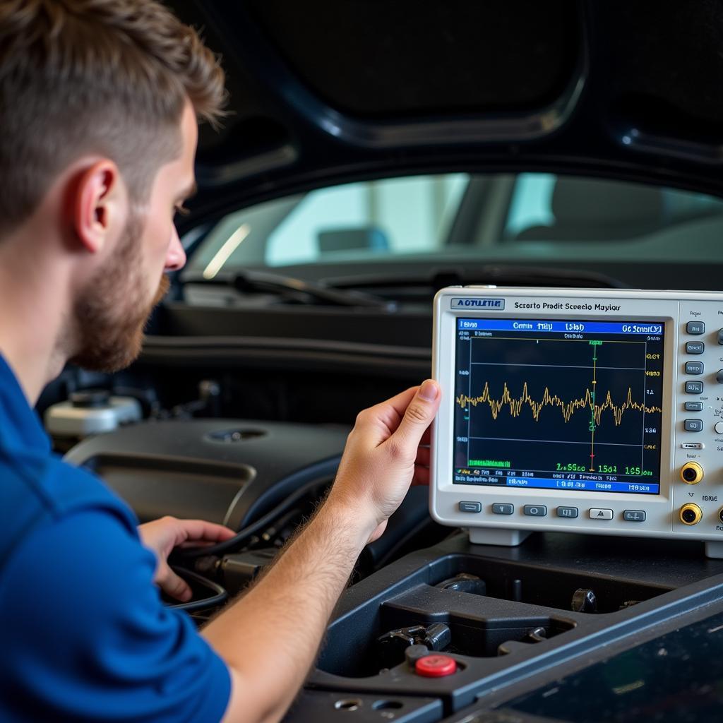 Mechanic Using an Oscilloscope to Diagnose Car Problems