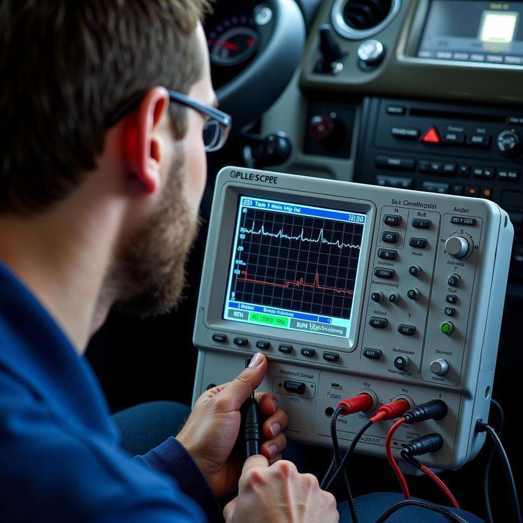 Mechanic Using an Oscilloscope to Diagnose Car Problems