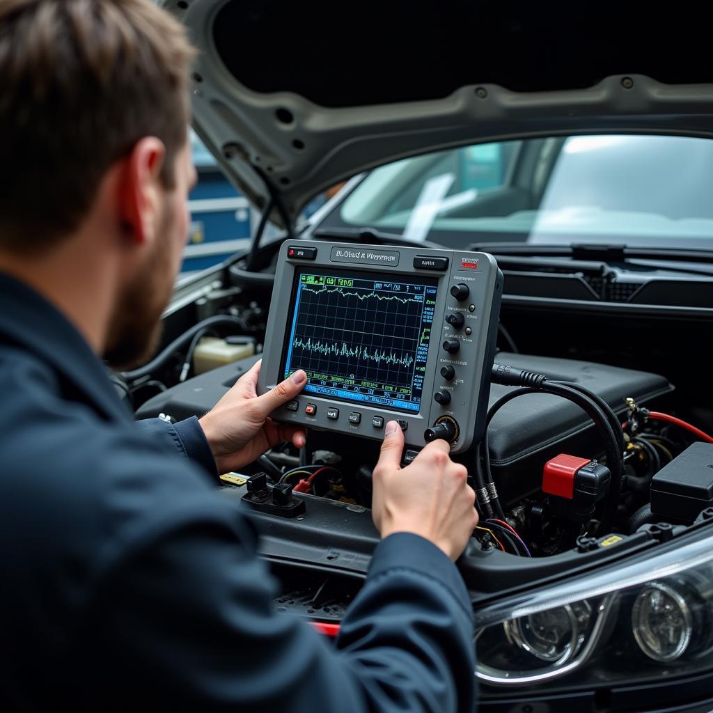 Mechanic Using Oscilloscope for Car Diagnostics