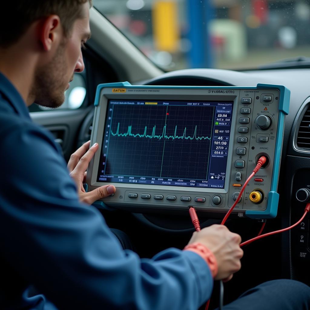 Mechanic Using an Oscilloscope to Diagnose a Complex Electrical Issue in a Car