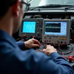 Mechanic Using Oscilloscope for Car Diagnostics