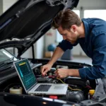 Mechanic Using Oscilloscope in Garage Based on Forum Advice