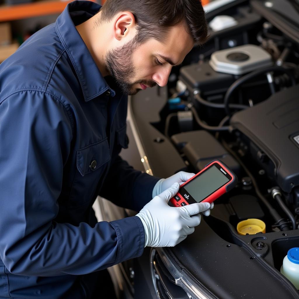 Mechanic Using Owl Car Tool to Diagnose Car Problem