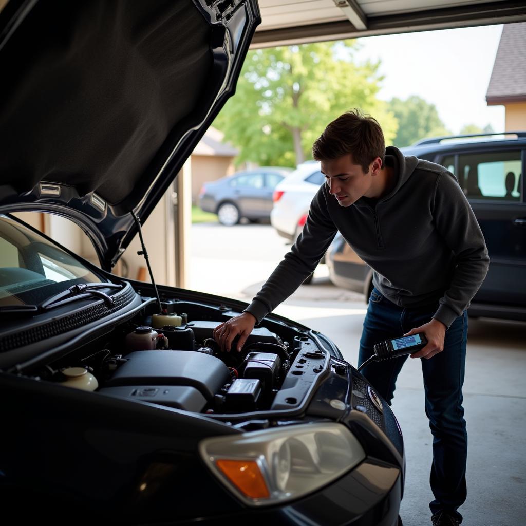 Individual using their own diagnostic tool in a home garage