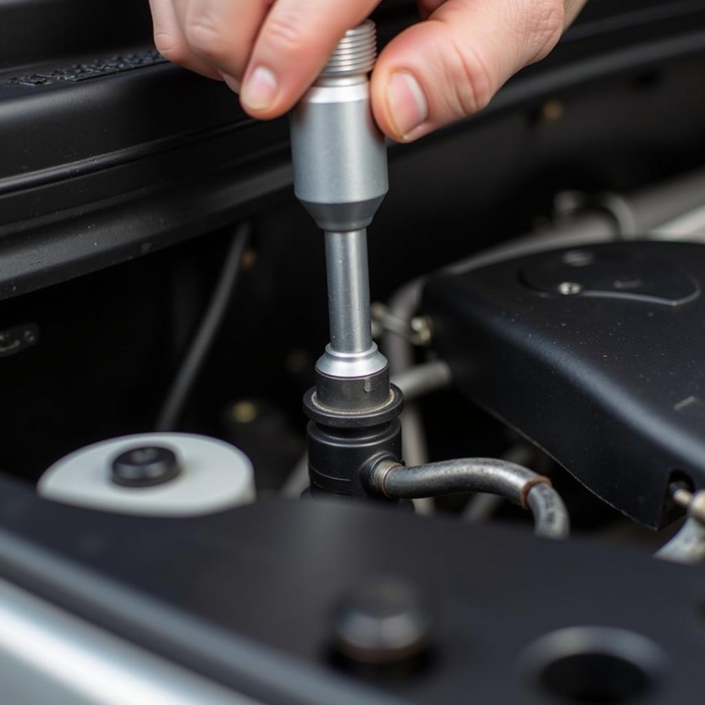 A mechanic utilizing a pneumatic air ratchet to tighten bolts in a car's engine compartment, showcasing the tool's maneuverability in tight spaces.