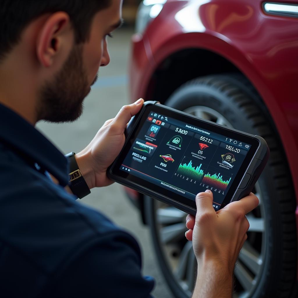 Mechanic Diagnosing a Car Using a Pomendex Tool