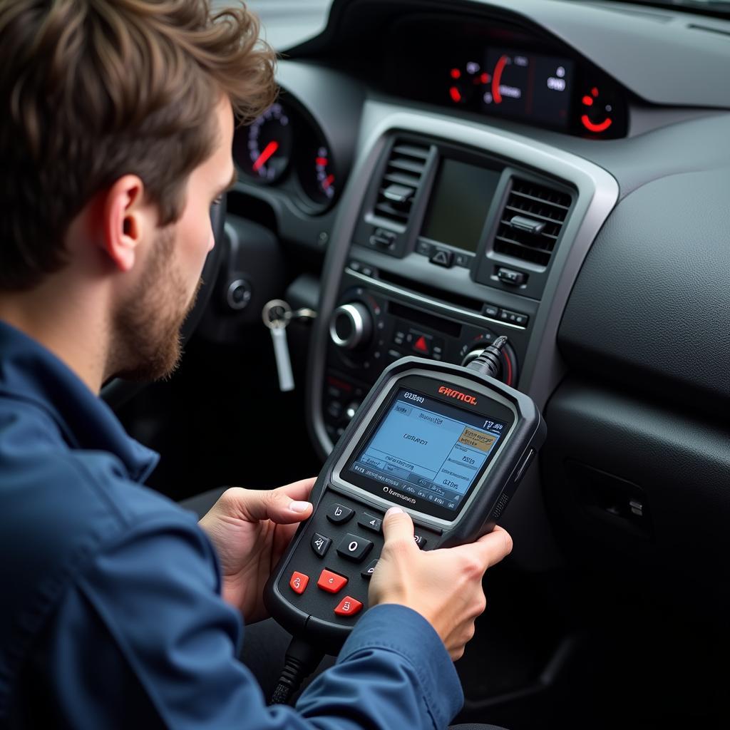 Mechanic using professional scan tool on a car