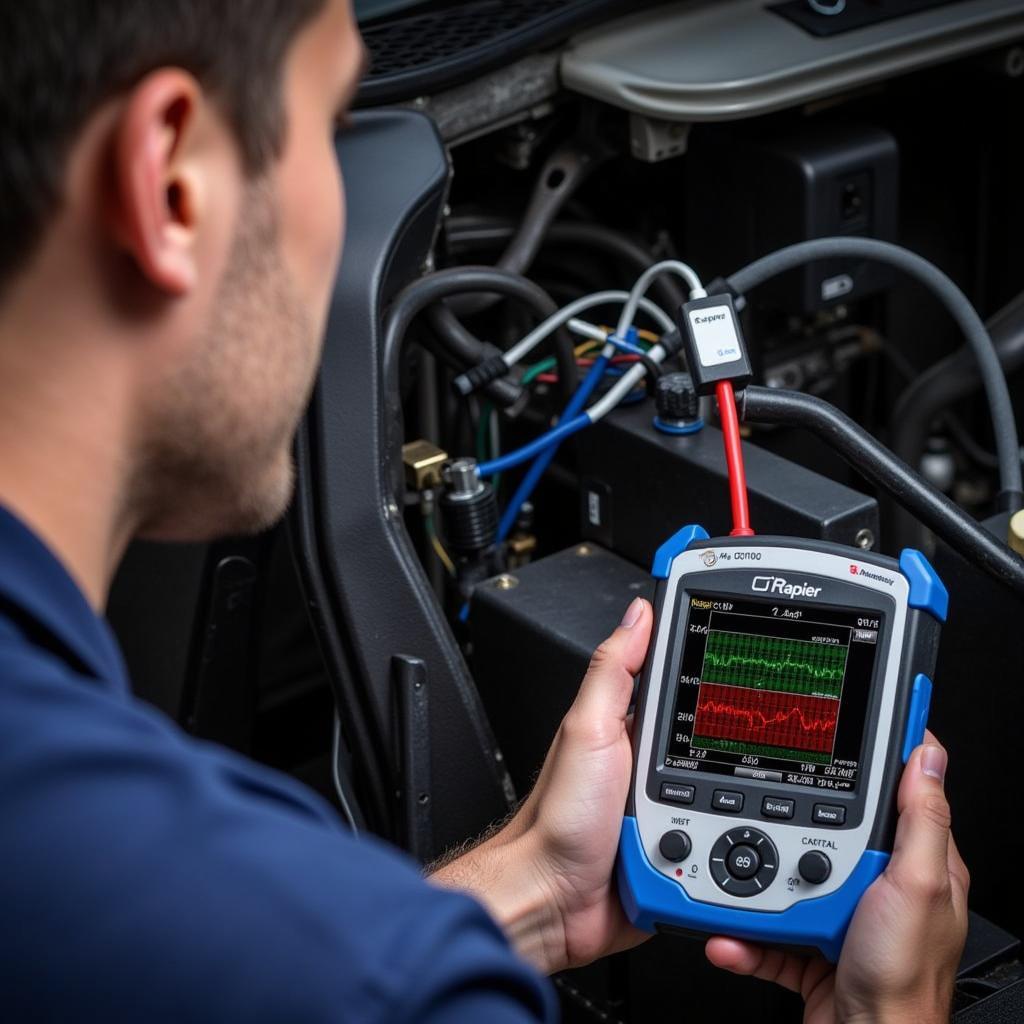 Mechanic using Rapier Oscilloscope to Diagnose Electrical Fault