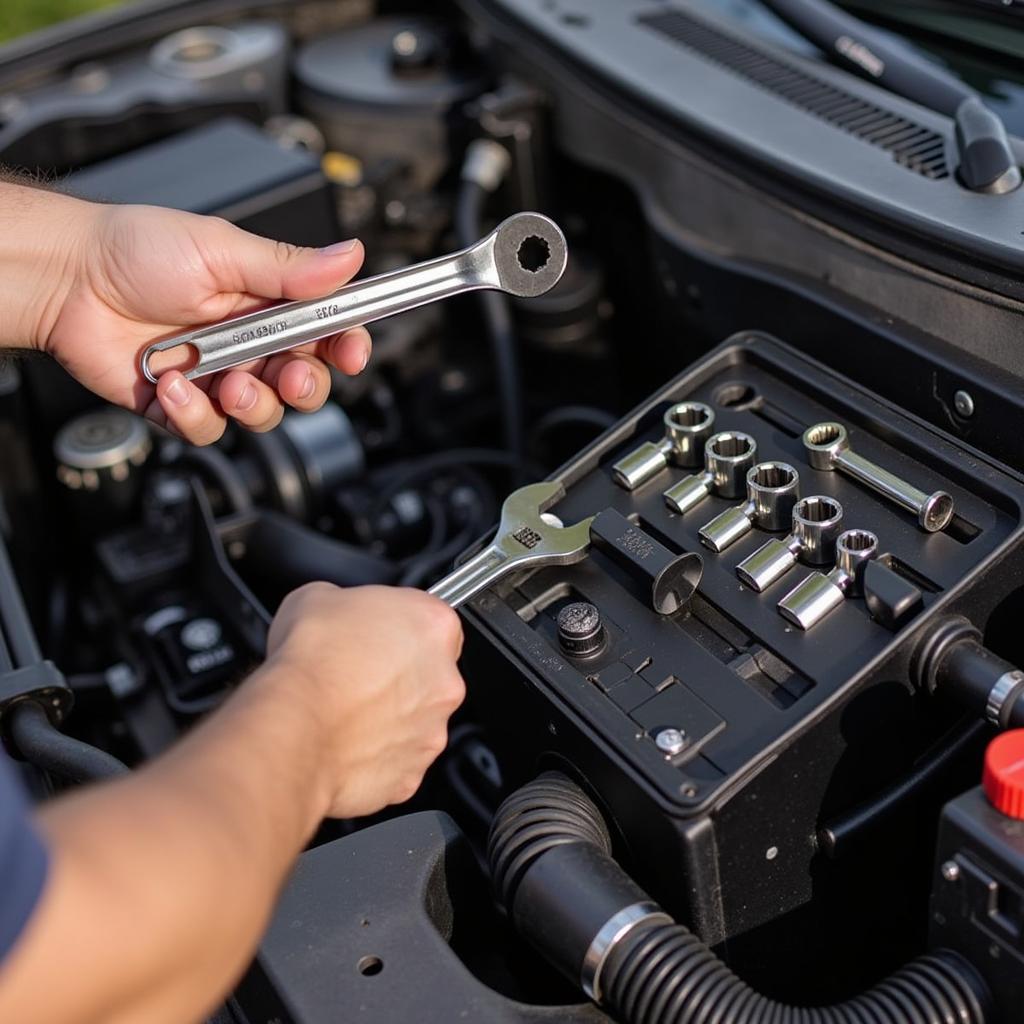 Mechanic using rented tools for car repair