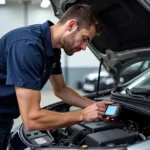 Mechanic Using Scan Tool to Diagnose Car Problem