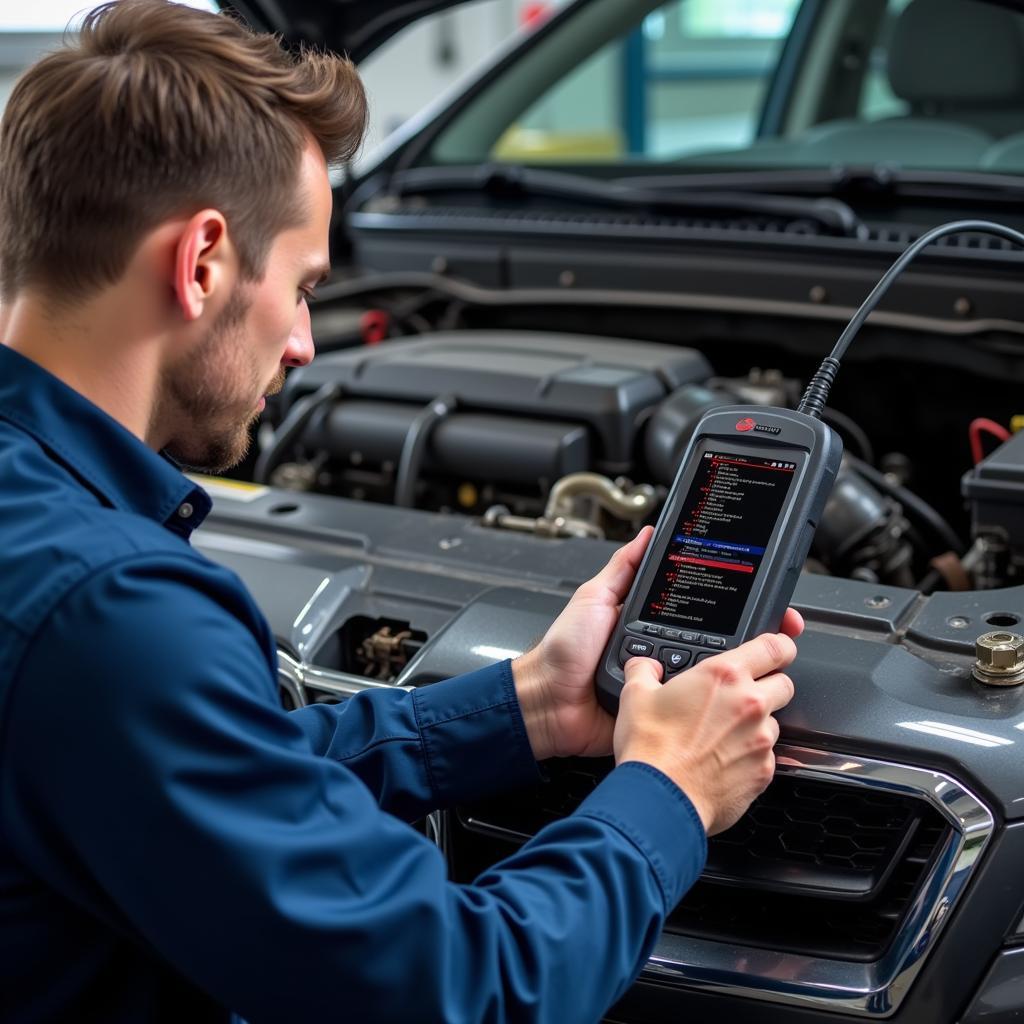 Mechanic Using Scan Tool on Car