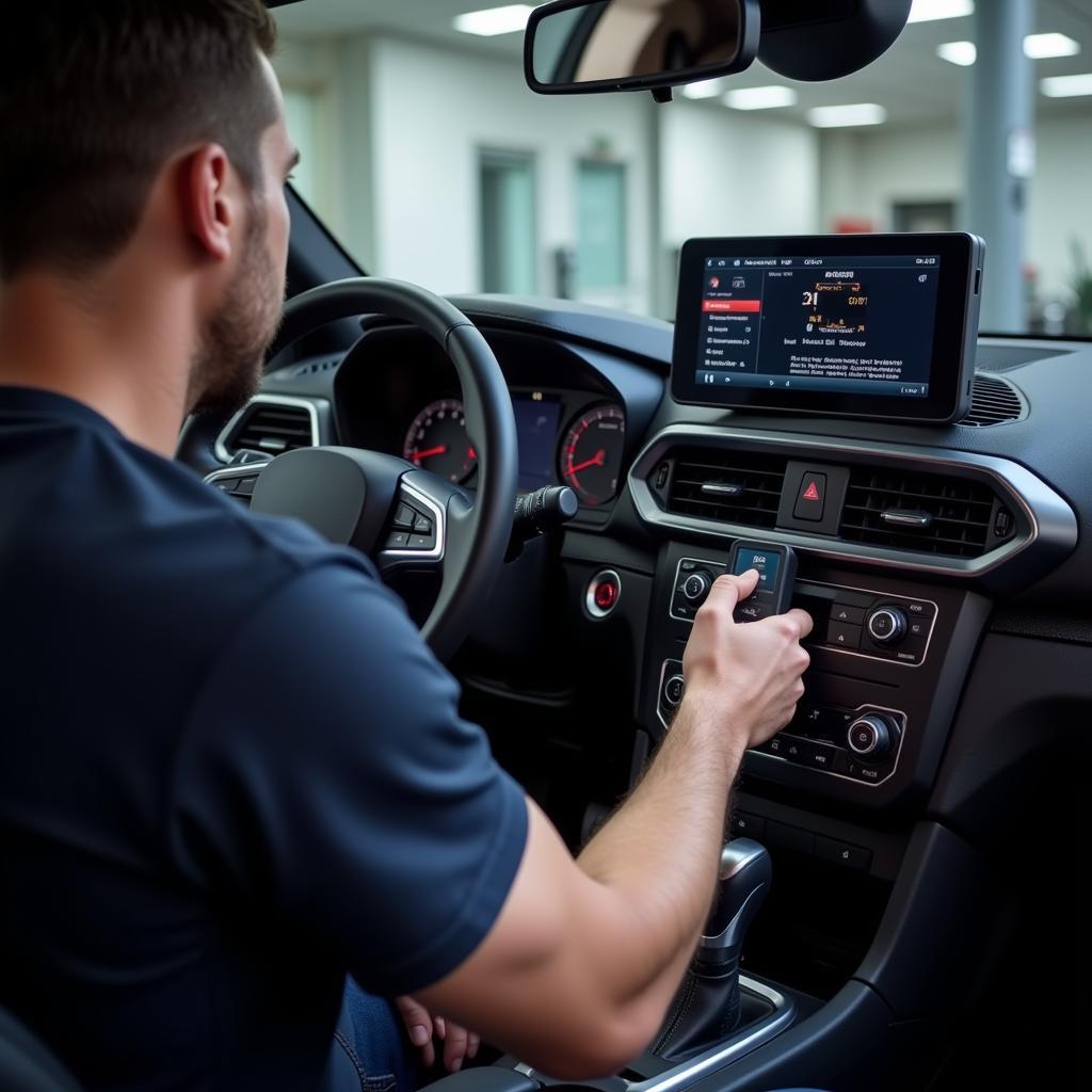 Mechanic Using Scan Tool on European Car