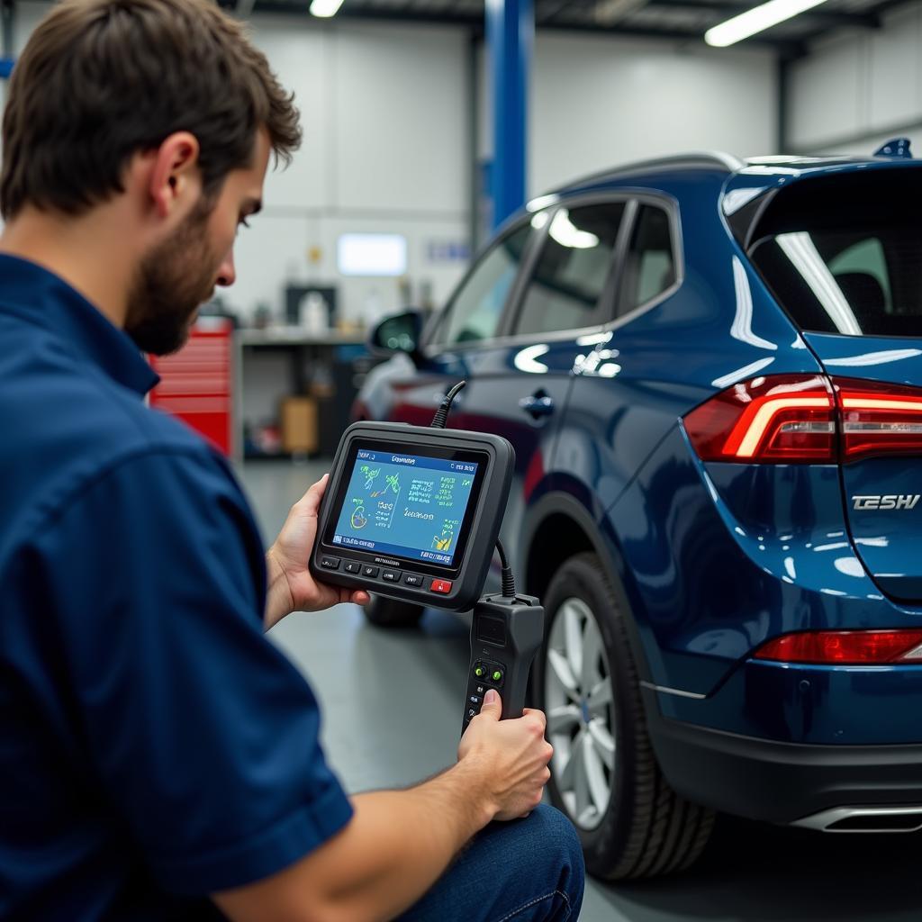 Mechanic Using a Scan Tool on a Hybrid Car