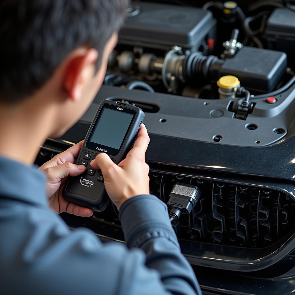 Mechanic Using Scanner on Asian Car Engine Bay