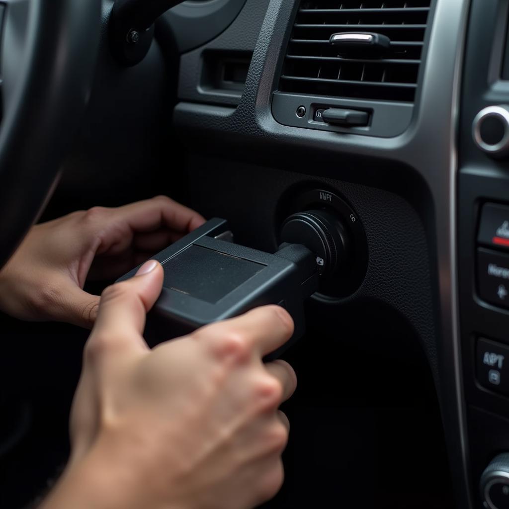 A mechanic connecting a scanner tool to a car's OBD-II port, demonstrating the proper usage.